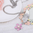 Lady Pink Enamel Flower Silver Plated Angel Wing Pendant Necklace Chain