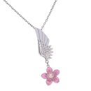 Lady Pink Enamel Flower Silver Plated Angel Wing Pendant Necklace Chain