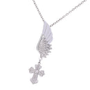 Women Silver Angel Wing Brooch Diamante Crystal Cross Pendant Necklace Chain
