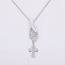 Women Silver Angel Wing Brooch Diamante Crystal Cross Pendant Necklace Chain