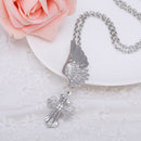 Women Silver Angel Wing Brooch Diamante Crystal Cross Pendant Necklace Chain