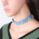 3 Pieces Mixed Designs Pearl Beads Flat Blue Jean Denim Choker Necklace