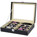 8 Compartment Black PU Leather Eyeglass Sunglass Glasses Shop Retailer Case Organizer Collector with Clear Lid Portable 34 x 25 x 8.5cm