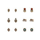 6 Pairs Women Lady Retro Crystal Rhinestone Elephant Leaf Ear Stud Earrings