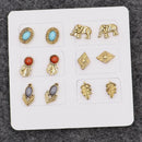 6 Pairs Women Lady Retro Crystal Rhinestone Elephant Leaf Ear Stud Earrings