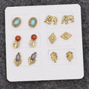 6 Pairs Women Lady Retro Crystal Rhinestone Elephant Leaf Ear Stud Earrings