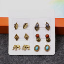 6 Pairs Women Lady Retro Crystal Rhinestone Elephant Leaf Ear Stud Earrings