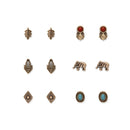 6 Pairs Women Lady Retro Crystal Rhinestone Elephant Leaf Ear Stud Earrings