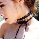 Fashion Women Girls Jewelry Black Leather Gold Chain Choker Necklace Collar