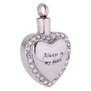 Always in my heart Openable Crystal Cremation Ash Urn Pendant Memorial Heart Stainless Steel Jewelry