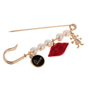 Large Safety Pin Brooch Red Lip Charm Pendant White Pearls Sweater Pin Clip