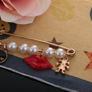 Large Safety Pin Brooch Red Lip Charm Pendant White Pearls Sweater Pin Clip