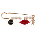Large Safety Pin Brooch Red Lip Charm Pendant White Pearls Sweater Pin Clip