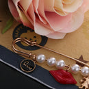 Large Safety Pin Brooch Red Lip Charm Pendant White Pearls Sweater Pin Clip