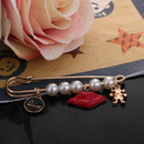 Large Safety Pin Brooch Red Lip Charm Pendant White Pearls Sweater Pin Clip