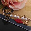 Large Safety Pin Brooch Red Lip Charm Pendant White Pearls Sweater Pin Clip