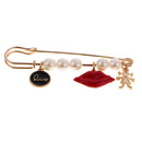 Large Safety Pin Brooch Red Lip Charm Pendant White Pearls Sweater Pin Clip