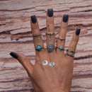 8 Pieces/Set Antique Silver Boho Fashion Gemstone Midi Finger Rings