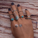 8 Pieces/Set Antique Silver Boho Fashion Gemstone Midi Finger Rings