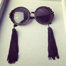 Women Round Frame Black Sunglasses Faux Rhinestone Crystal Pearl Detachable Tassels
