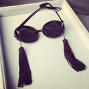 Women Round Frame Black Sunglasses Faux Rhinestone Crystal Pearl Detachable Tassels