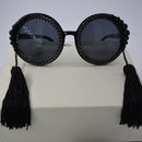 Women Round Frame Black Sunglasses Faux Rhinestone Crystal Pearl Detachable Tassels