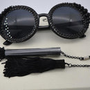Women Round Frame Black Sunglasses Faux Rhinestone Crystal Pearl Detachable Tassels