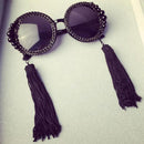 Women Round Frame Black Sunglasses Faux Rhinestone Crystal Pearl Detachable Tassels