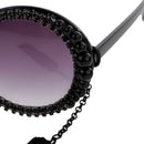 Women Round Frame Black Sunglasses Faux Rhinestone Crystal Pearl Detachable Tassels