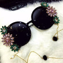 Baroque Sunglasses Vintage Engraving Faux Crystal Flower Sunglasses with Pearl Chain 31"