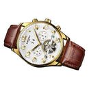 KINYUED Luxury Men's Automatic Mechanical Business Wristwatch Genuine Leather Brown