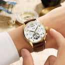 KINYUED Luxury Men's Automatic Mechanical Business Wristwatch Genuine Leather Brown