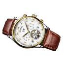 KINYUED Mens Automatic Mechanical Brown Genuine Leather Strap Wristwatch Skeleton Analog Display Watch Jewelry