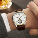 KINYUED Mens Automatic Mechanical Brown Genuine Leather Strap Wristwatch Skeleton Analog Display Watch Jewelry