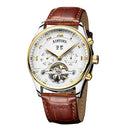 KINYUED Mens Automatic Mechanical Brown Genuine Leather Strap Wristwatch Skeleton Analog Display Watch Jewelry