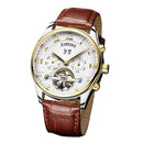 KINYUED Mens Automatic Mechanical Brown Genuine Leather Strap Wristwatch Skeleton Analog Display Watch Jewelry