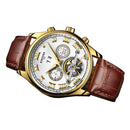 KINYUED Automatic Mechanical Skeleton Watch Stainless Steel Case Soft Leather Wristband Sport Watch Multi Function Waterproof