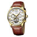 KINYUED Automatic Mechanical Skeleton Watch Stainless Steel Case Soft Leather Wristband Sport Watch Multi Function Waterproof