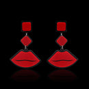 Sexy Lip with Geometric Shape Earrings On Chain, in Red with Silver Tone Finish
