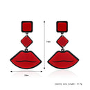 Sexy Lip with Geometric Shape Earrings On Chain, in Red with Silver Tone Finish