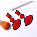 Sexy Lip with Geometric Shape Earrings On Chain, in Red with Silver Tone Finish