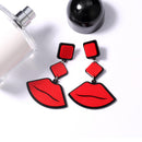 Sexy Lip with Geometric Shape Earrings On Chain, in Red with Silver Tone Finish