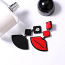 Sexy Lip with Geometric Shape Earrings On Chain, in Red with Silver Tone Finish