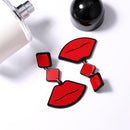 Sexy Lip with Geometric Shape Earrings On Chain, in Red with Silver Tone Finish