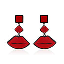 Sexy Lip with Geometric Shape Earrings On Chain, in Red with Silver Tone Finish