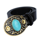 Boho Western Womens Men Cowboy Cowgirl Belt Fiber Leather Oval Turquoise Stone Black Belt