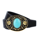 Boho Western Womens Men Cowboy Cowgirl Belt Fiber Leather Oval Turquoise Stone Black Belt