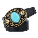Boho Western Womens Men Cowboy Cowgirl Belt Fiber Leather Oval Turquoise Stone Black Belt
