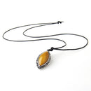 Women PU Leather Necklace Agate Gemstone Teardrop Pendant Fashion Retro