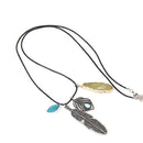 Double Leaf Feather Native American Sweater Wax Rope Alloy Feather Shape Necklace Retro Jewelry for Shirt Dress